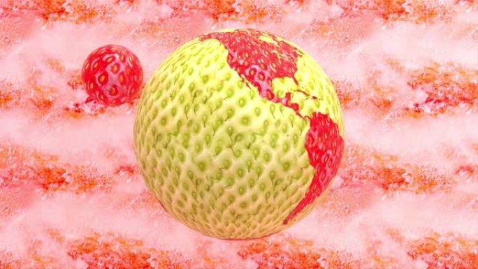 新鲜成熟多汁的红色草莓水果3d渲染动画抽象背景，旋转地球行星和世界地球仪概念图形设计无缝循环4k动画