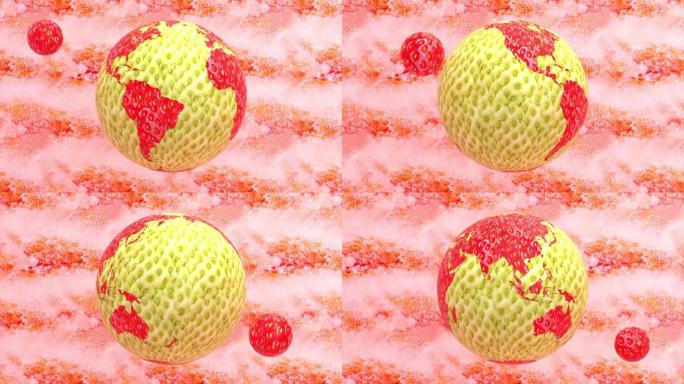 新鲜成熟多汁的红色草莓水果3d渲染动画抽象背景，旋转地球行星和世界地球仪概念图形设计无缝循环4k动画