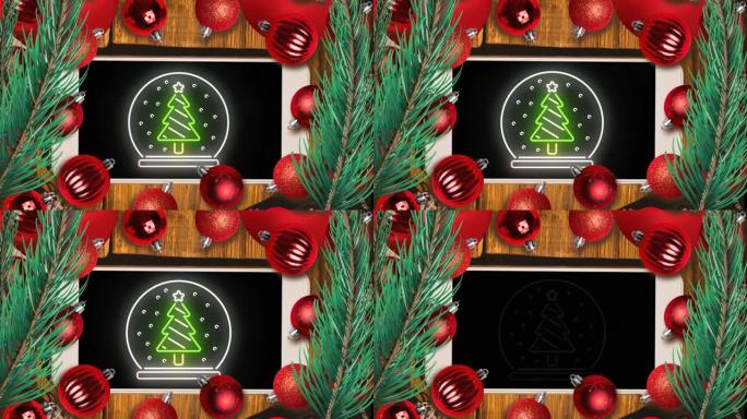 带有小玩意的智能手机上的圣诞树的雪球动画