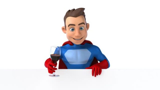 有趣的3D卡通超级英雄与一杯葡萄酒