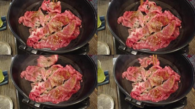 松坂牛肉在平底锅中煎炸: 日本料理