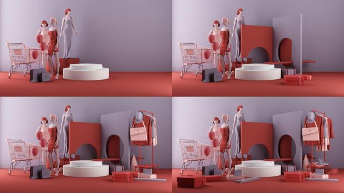 产品支架被衣架和人体模型上的女装包围，带有礼品盒和购物车袋，粉红色色调趋势几何形状，用于当前服装产品