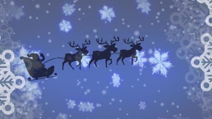 圣诞老人在雪橇上的动画，驯鹿在飘落的雪上移动
