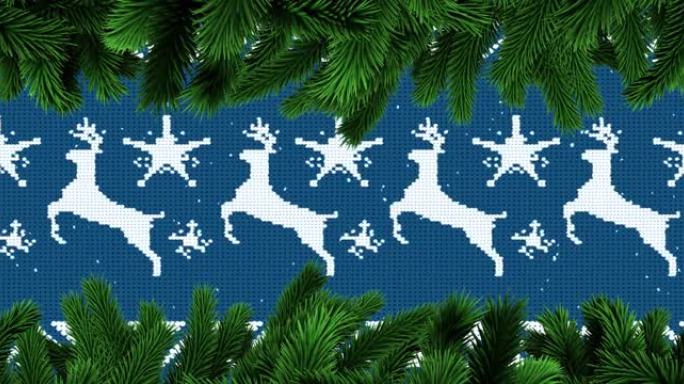 圣诞驯鹿图案上的枞树树枝动画