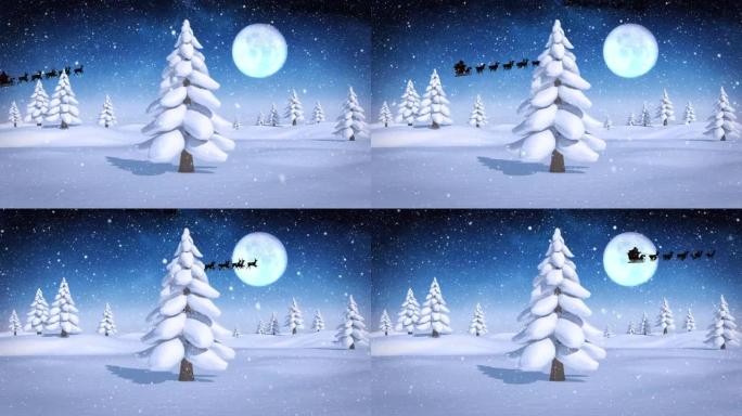 雪落在雪橇上的圣诞老人身上，被驯鹿拉到冬天的树木上