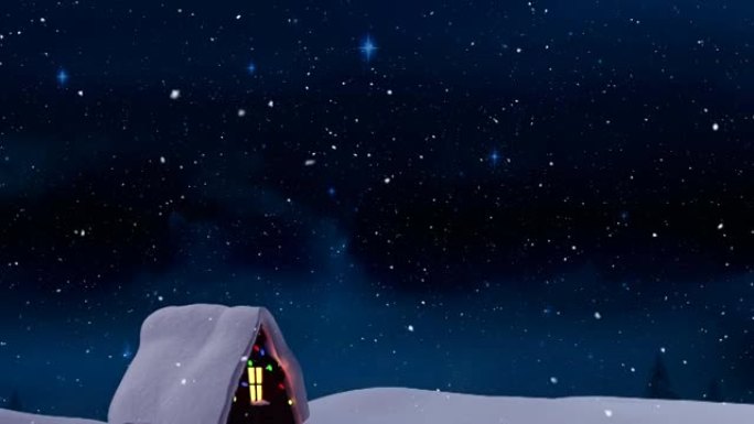冬季景观上的雪落在房屋上，夜空中蓝色闪耀的星星