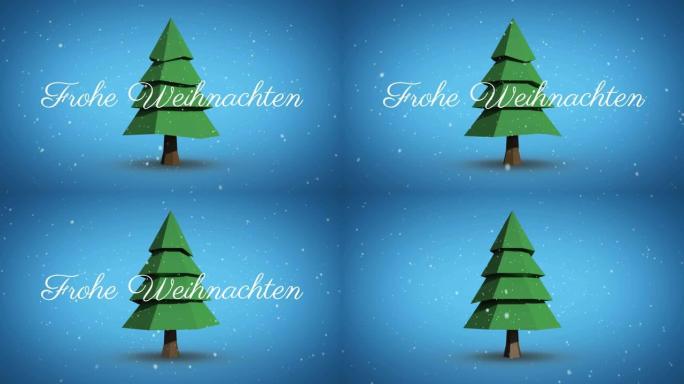 Frohe weihnachten文本和雪落在蓝色背景上旋转的圣诞树图标上