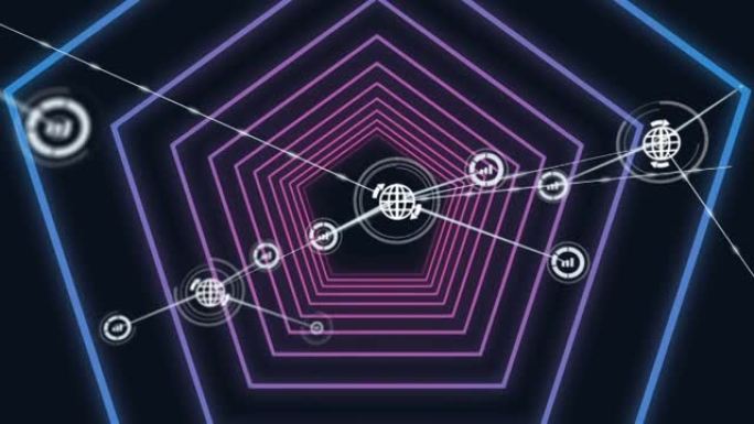 黑色背景上紫色发光六边形隧道的数字图标网络