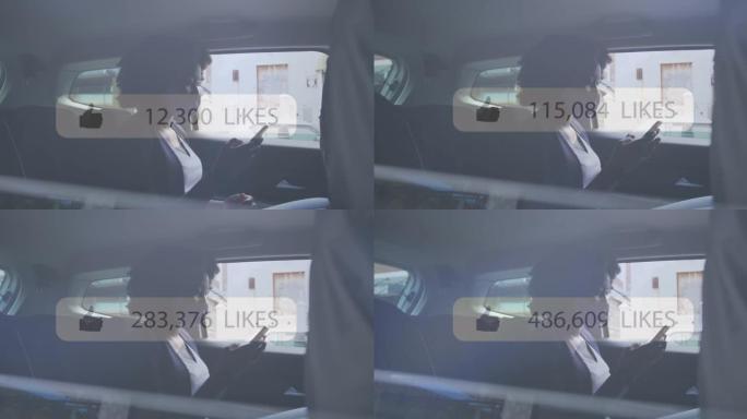 在汽车上使用手机的非裔美国妇女戴着口罩的社交媒体通知动画