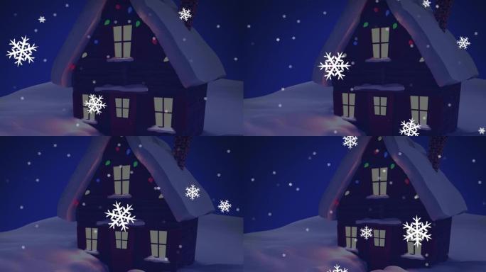 圣诞节装饰的房子上飘着雪的动画，冬天的风景中有童话般的灯光