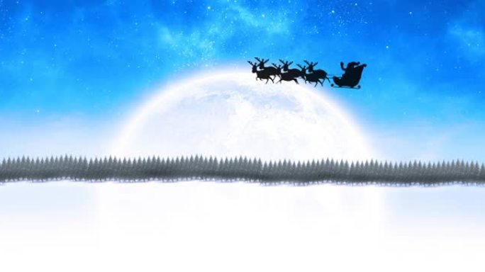 圣诞老人在雪橇上的动画，驯鹿在月亮和天空上