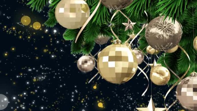 圣诞装饰品挂在圣诞树上，黑色背景上的黄色斑点