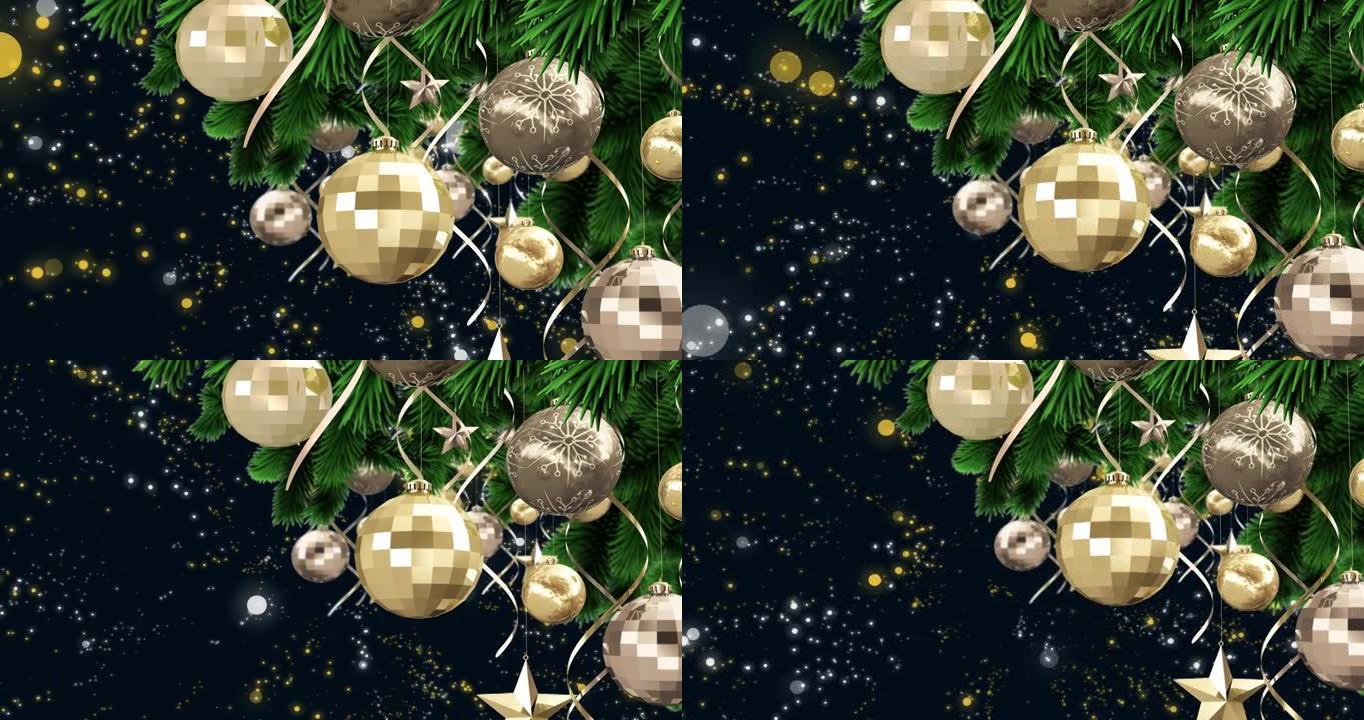 圣诞装饰品挂在圣诞树上，黑色背景上的黄色斑点