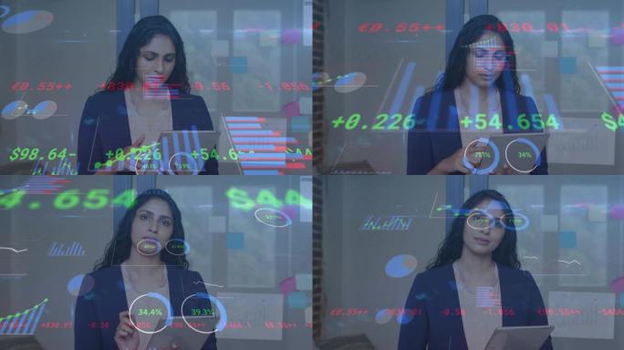 在办公室中使用平板电脑对女商人进行财务数据处理的动画