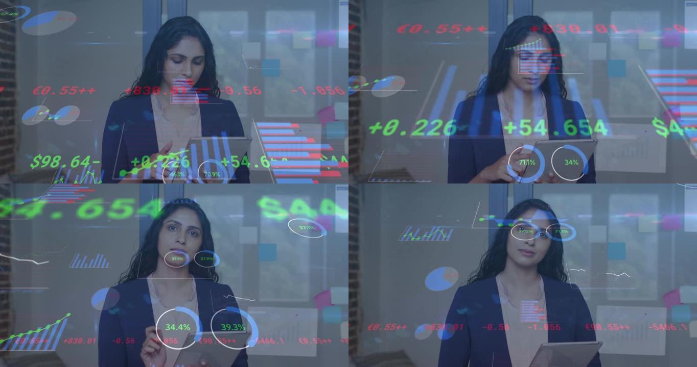 在办公室中使用平板电脑对女商人进行财务数据处理的动画