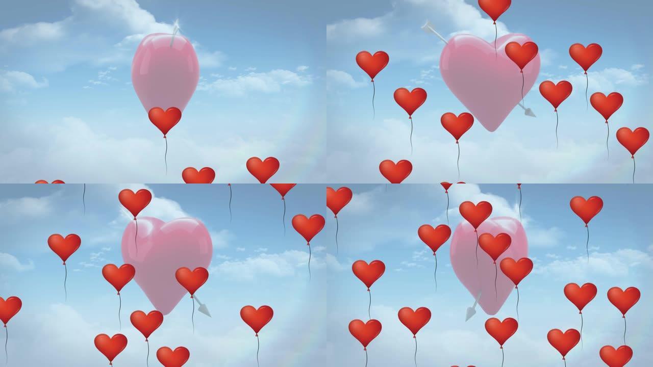 蓝底多个爱心气球和心带箭头的动画