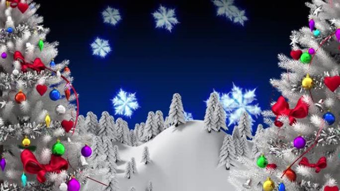 冬季风景中圣诞树和积雪的动画