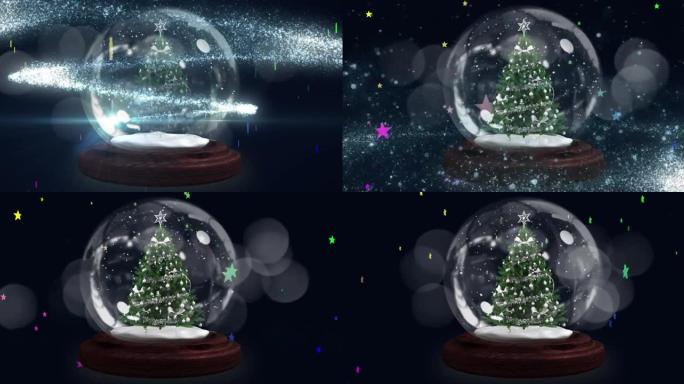 雪球上圣诞树上的蓝色流星与多个五颜六色的星星图标