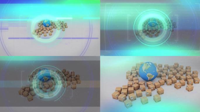地球仪和纸板箱上的数据处理动画