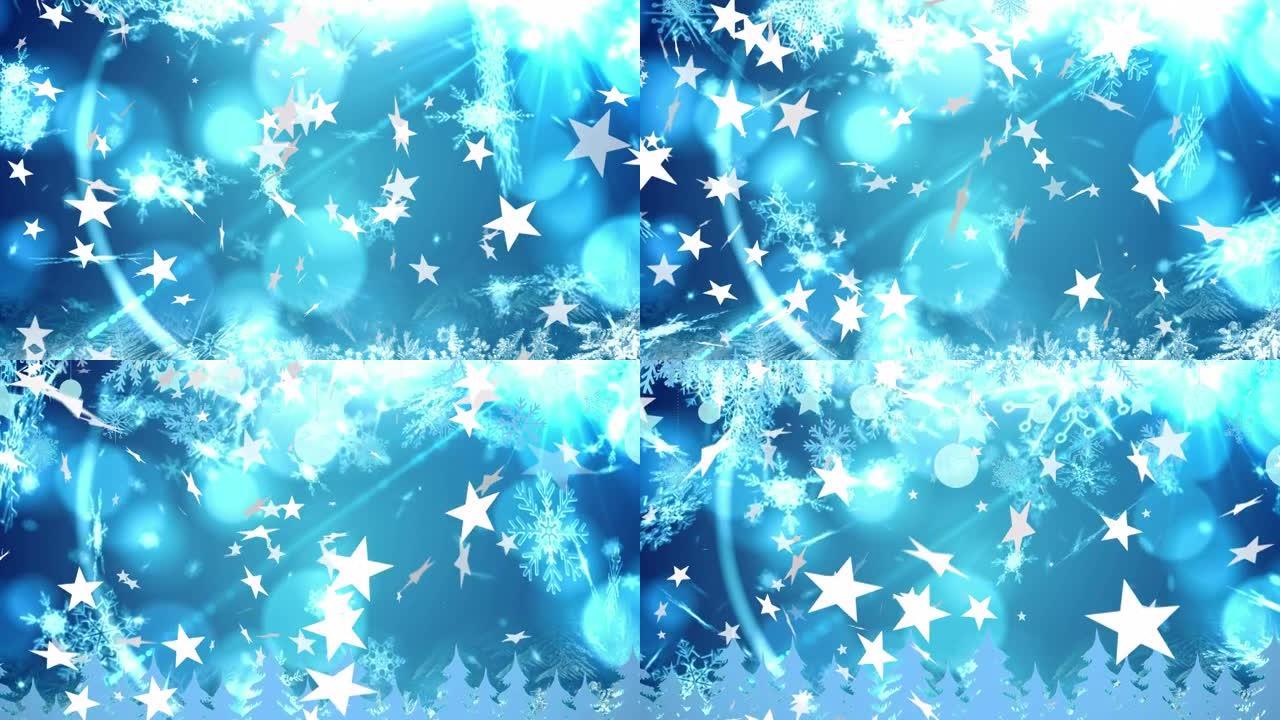 圣诞星星和雪花落在蓝色背景上的动画