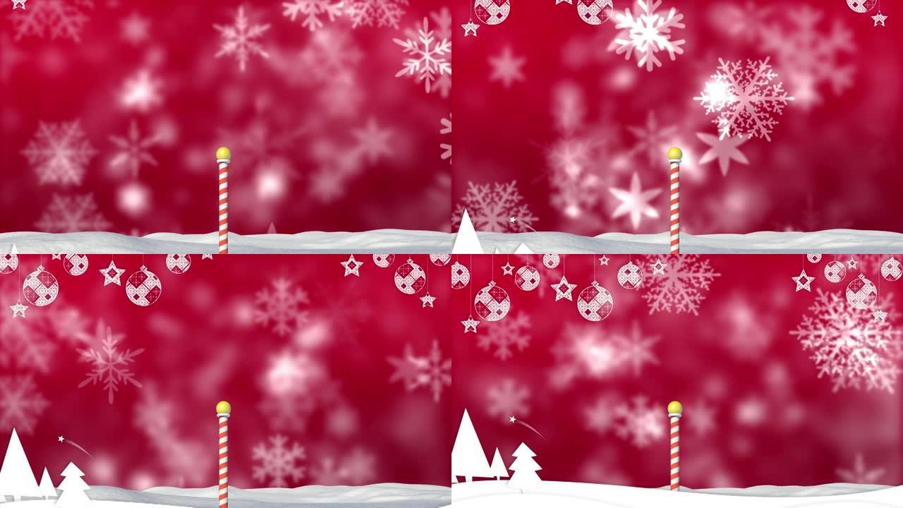 圣诞节小玩意儿和雪落在红色背景上的动画