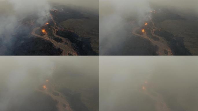 火山中的烟雾和云层覆盖了空中无人机的视野