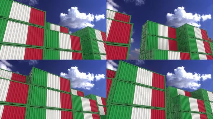 意大利国旗集装箱位于集装箱码头。意大利出口或进口概念，4K