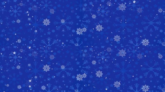 蓝色背景上的圣诞节星星掉落在雪花上的动画