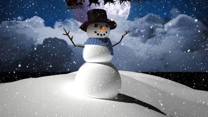 冬天风景下的雪落在微笑的雪人上的动画