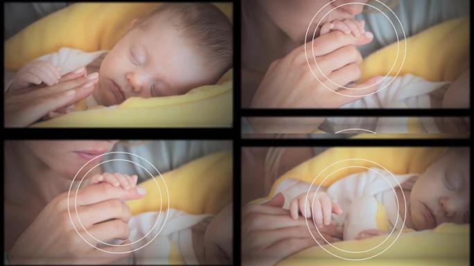高加索母亲亲吻婴儿的手的移动屏幕和几何形状的动画
