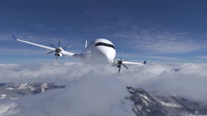 充满氢气的H2飞机在天空中飞行-未来H2能源概念。