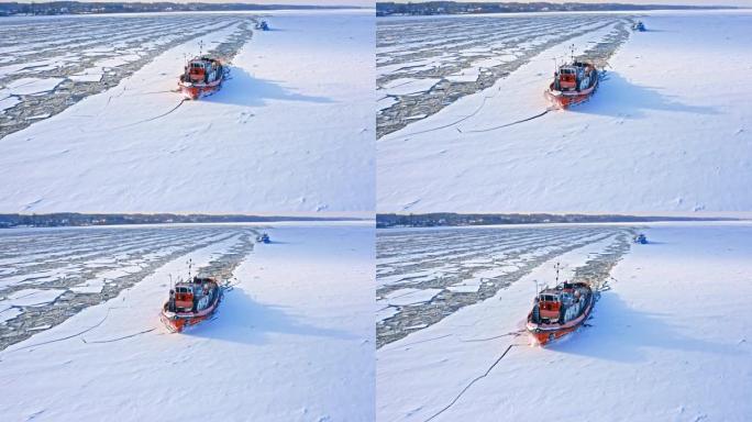 维斯瓦河上的破冰船破冰。冬天的鸟瞰图。