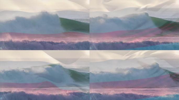 在海中波浪的鸟瞰图中挥舞俄罗斯国旗的数字构图