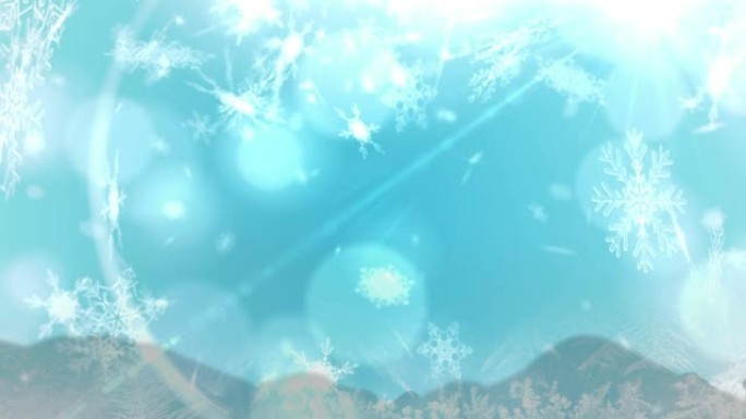 蓝色背景上的圣诞节雪落在圣诞节装饰品上的动画