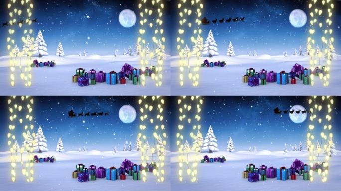 圣诞老人雪橇和圣诞节礼物的动画在冬季景观