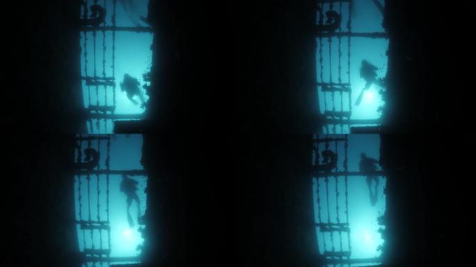 独特的视野，仰望一名潜水员越过沉没的沉船的轮廓。
