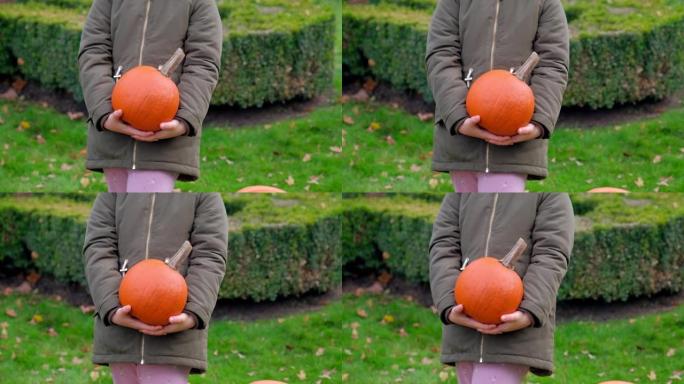 快乐的高加索女孩在公园玩耍，拿着秋天成熟的橙色南瓜葫芦