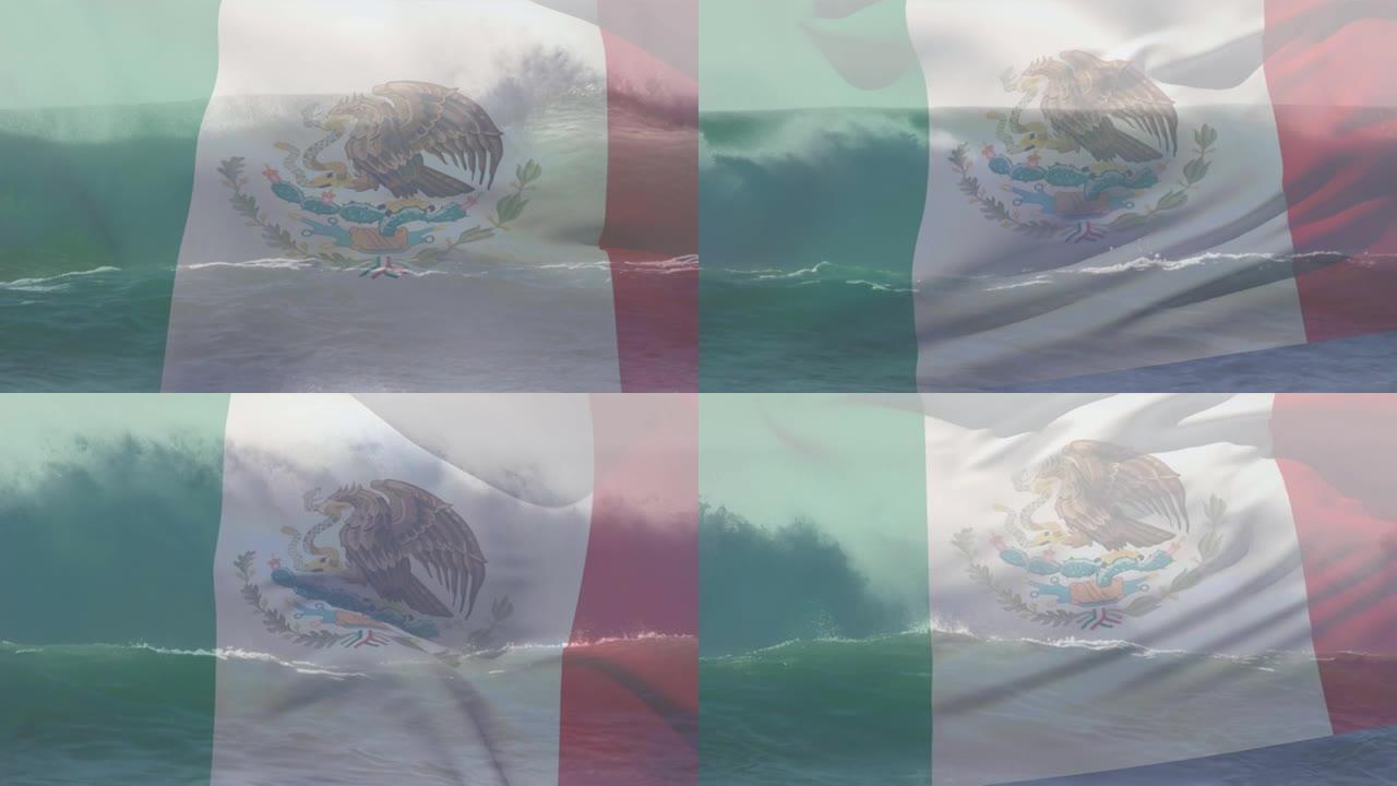 数字组成挥舞墨西哥国旗对抗海浪在海