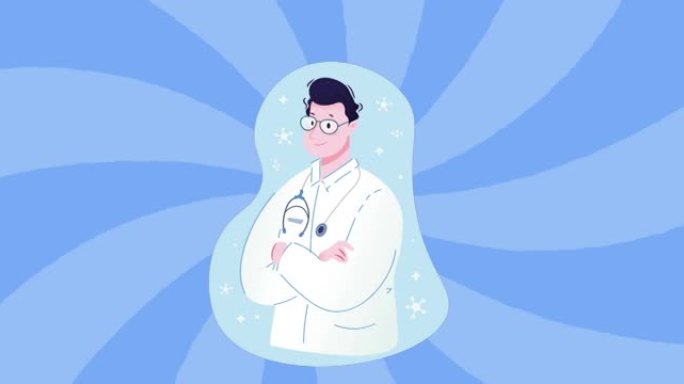 蓝色螺旋背景下双臂交叉的男性医生图标的数字动画
