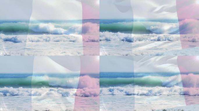 在海中波浪的鸟瞰图中挥舞法国国旗的数字构图