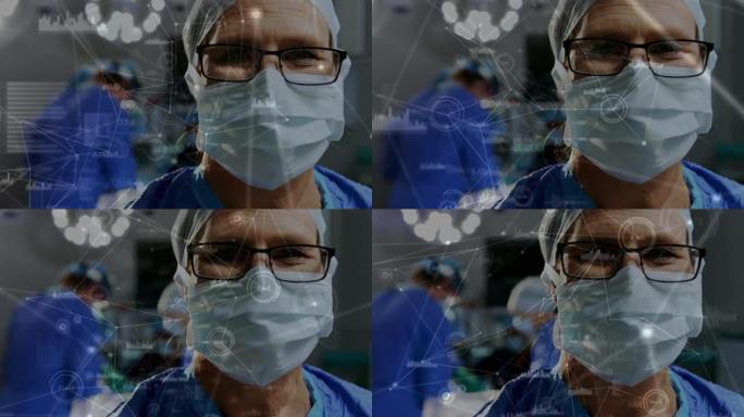 手术室中外科医生的连接网络和数据处理动画