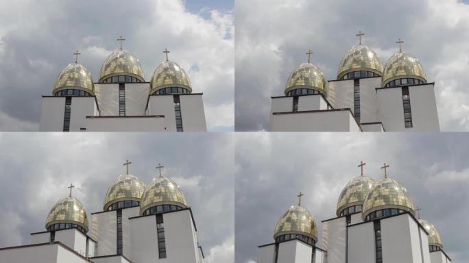 教堂圆顶，鸟瞰图，乌克兰利沃夫市的传统老教堂，多云的天空背景