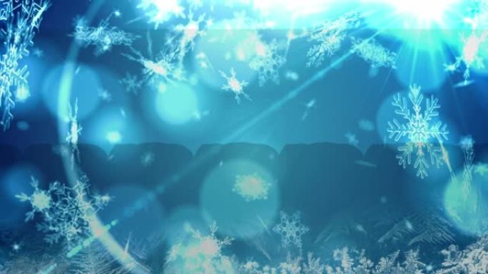蓝色背景上的圣诞雪落在圣诞摆设上的动画