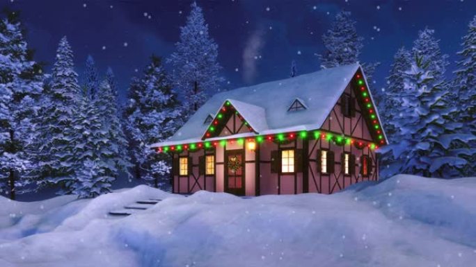 在下雪的冬夜为圣诞节装饰的乡村房屋