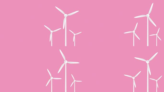 粉色背景上的一组风力发电机可循环动画股票视频-可再生能源电源背景-风力发电机动画色度键绿屏动画