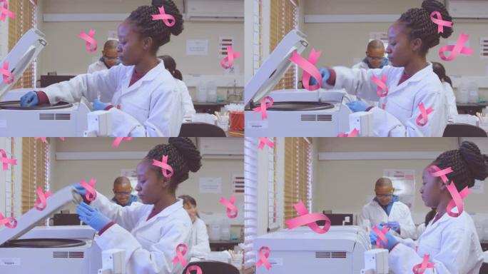 粉红乳癌丝带落在一群工作医生身上的动画