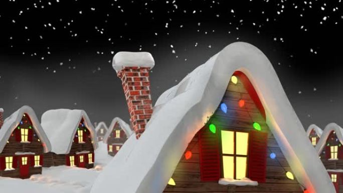 带有仙女灯的房屋上的雪的动画