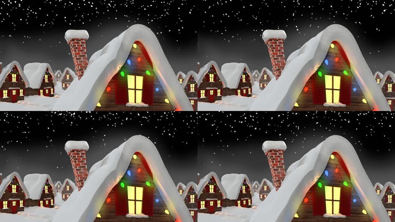 带有仙女灯的房屋上的雪的动画