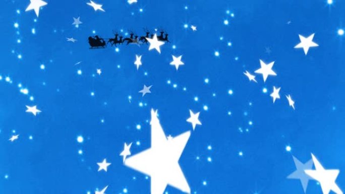 蓝色背景上的驯鹿在雪橇上坠落的圣诞老人的动画
