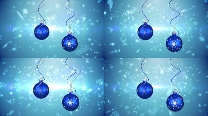 糖果手杖，圣诞节小球和雪落在蓝色背景上的动画